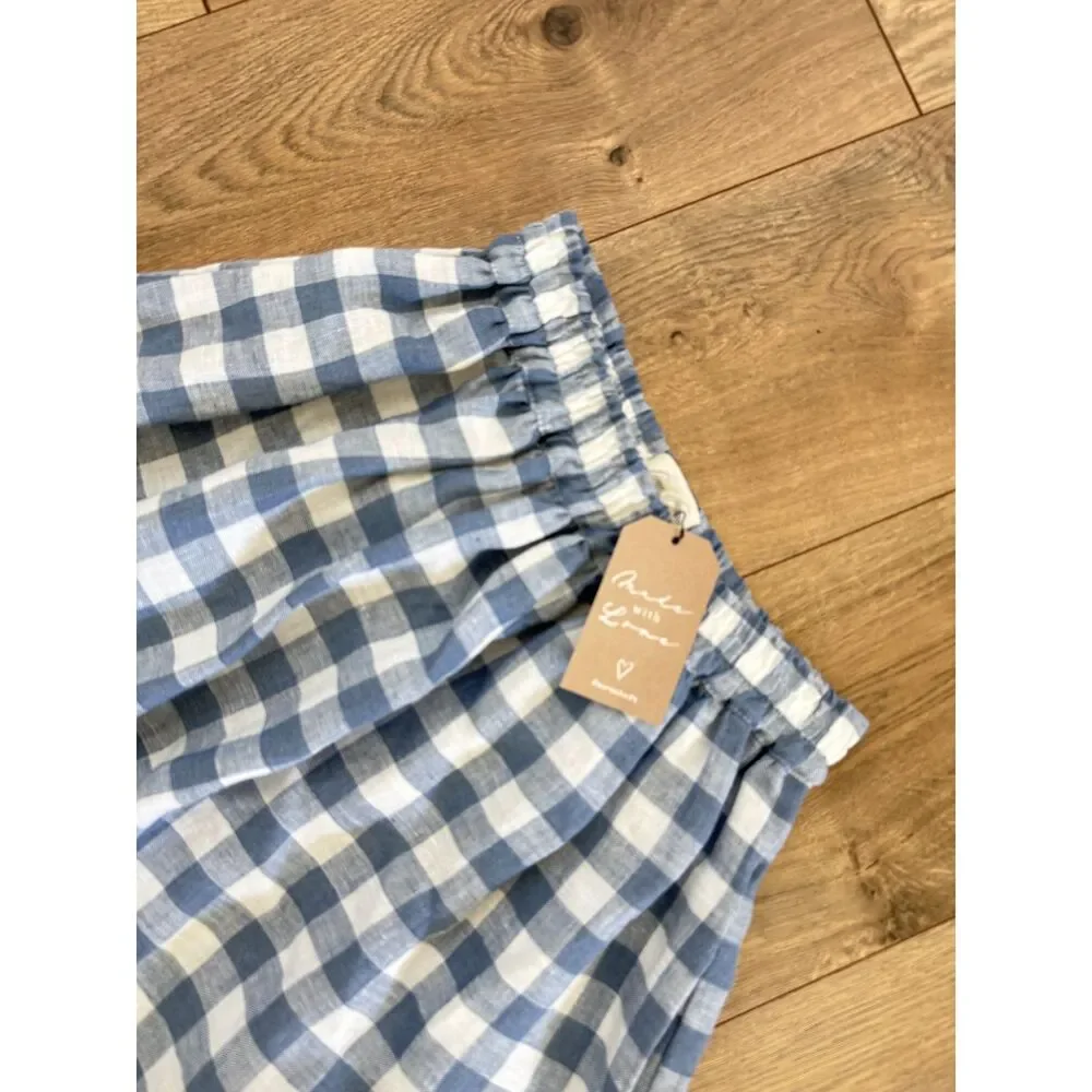LINEN SWAN NWT 6 lagenlook Linen plaid midi blue checkered skirt natural fiber